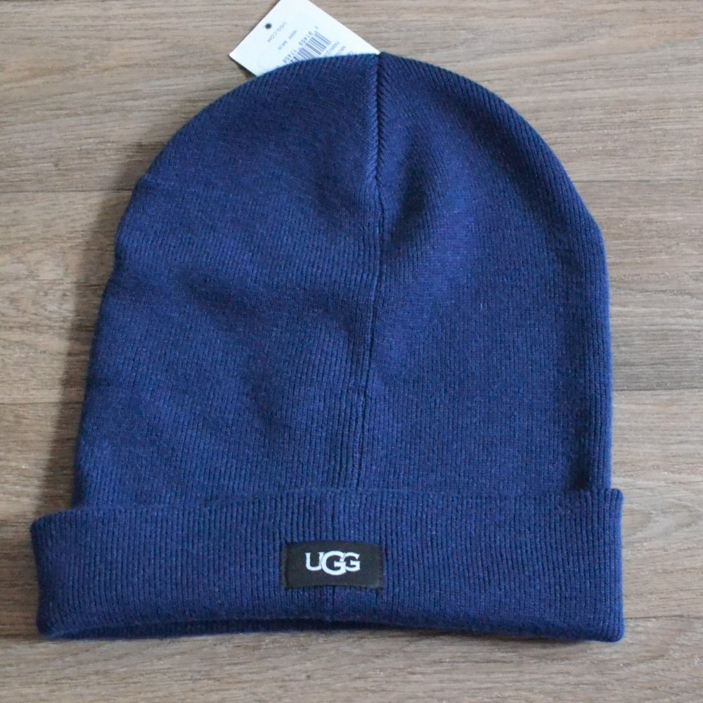 NWT UGG Men's Oversized Cuff Beanie Navy Blue Wool Blend Winter Hat